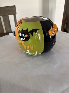 Halloween Bat & Pumpkin Ceramic Candy Bowl - Green & Black